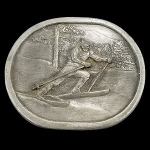 Vintage Indiana Metal Craft 1977 Skier‎ Belt Buckle Fine Pewter USA Made
